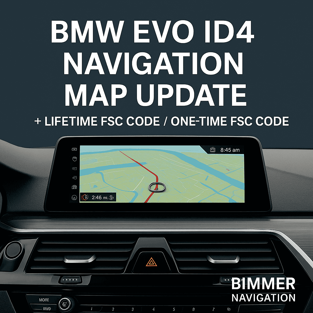 BMW EVO ID4 navigation screen showing updated 2025 map interface – includes Lifetime and One-Time FSC Code options.